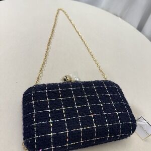 NWT Shiraleah Blue Mabel Minaudiere Gold Chain Pearl/Gold Clasp Clutch